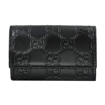 GUCCI 779824 滿版壓花LOGO皮革釦式6孔鑰匙包.黑