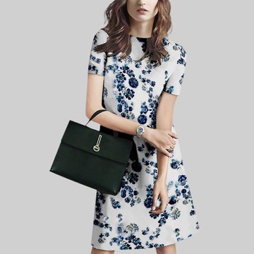 優雅氣質復古短袖連衣裙女2025年夏新款設計感印花修身顯瘦A字裙