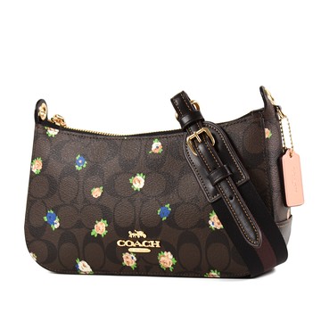 COACH 碎花LOGO防刮皮革寬背帶斜背包-咖啡色-特