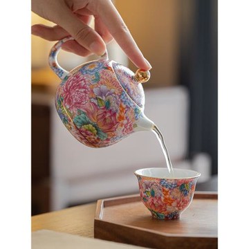 琺瑯彩陶瓷茶壺家用功夫茶具過濾泡茶壺客廳中式簡約大容量手把壺