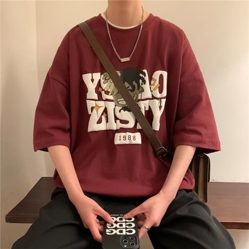 男生短袖t恤夏季薄款五分袖上衣字母印花半袖衣服青少年潮流體恤