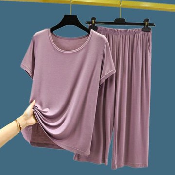 莫代爾棉家居服女士夏季薄款睡衣大碼寬松短袖圓領套裝休閑兩件套