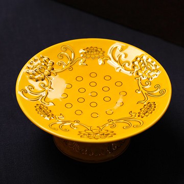 佛堂供佛財神觀音陶瓷黃色浮雕蓮花瓶供水杯果盤花瓶香爐供具