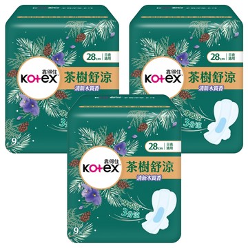 Kotex 靠得住 茶樹舒涼衛生棉 清涼木質香 蝶翼型 日夜用  3個  9個裝  28cm