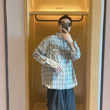 秋季新款日系復古高級感格子襯衫男 休閒寬鬆長袖百搭襯衫外套男