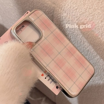 Twinko💗[CA1979]❥氣質粉白拼接格紋-質感銀邊殼/iPhone16 15 14Pro MAX保護殼/防摔殼