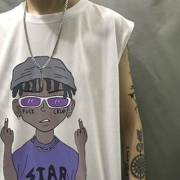無袖背心外穿寬鬆潮流美式印花個性嘻哈T恤衫寬鬆大碼休閒上衣男