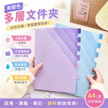 漸變色多層文件夾A4科目分類袋試卷夾學生專用透明L型文件夾辦公用資料夾6層分類文件袋多功能索引試卷收納袋