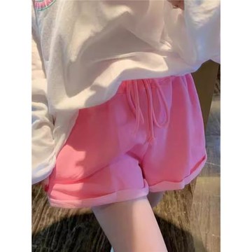 粉色休閑短褲女夏季薄款全棉寬松卷邊闊腿褲高腰熒光綠跑步運動褲