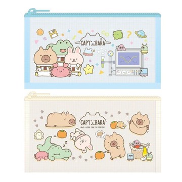 水豚 網格筆袋 40K-藍/米