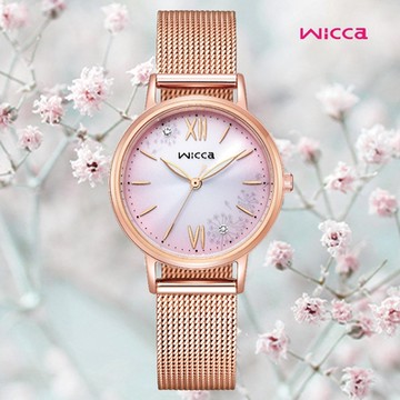 CITIZEN 星辰 Wicca 公主系列 台灣限定 太陽能水晶鑲嵌米蘭帶淑女腕錶-玫瑰金30.2mm(KP5-166-97)