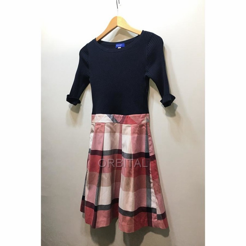 ブルーレーベル ワンピース 38 M 紺 チェック ニット切替 ブルー