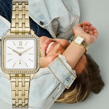 FOSSIL Colleen 香檳金方形晶鑽女錶 雙12購物節 送禮首選-28mm BQ3979