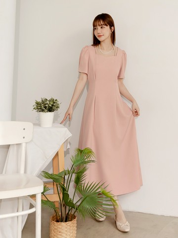 桃心領收腰綁帶澎袖洋裝