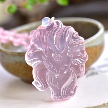 天然粉晶狐貍吊墜女純銀鎖骨鏈項墜九尾狐桃花旺姻緣水晶飾品