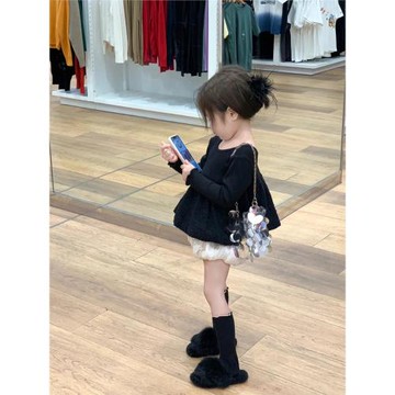 童裝秋季新款女童休閑洋氣長袖T恤兒童純色上衣娃娃衫洋氣花苞褲