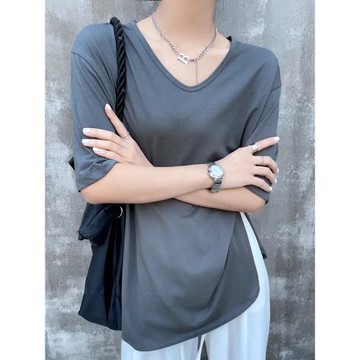 冰爽棉2026夏季新款短袖寬松設計感開叉T恤上衣女裝V領百搭打底衫