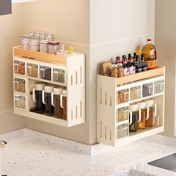 原木風廚房置物架奶油風壁掛式免打孔調味料調料品多功能收納架子 c7261