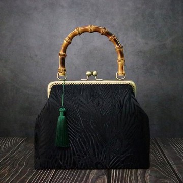 黑鳳羽竹柄手提包旗袍包純手工制作中式氣質百搭中包母親節禮物