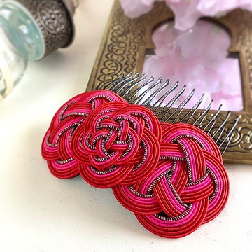 水引製造的髮梳 [胭脂] 髮飾 紅玫瑰色 紅玫瑰
