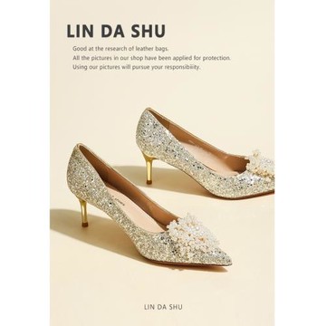 【林大叔】香檳色高跟鞋新娘婚鞋女小眾高級感珍珠婚紗兩穿伴娘鞋