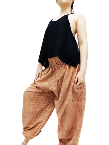 泰式哈倫褲棉褲，手工編織，長褲，藍，淺棕色，白。