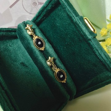 【西洋古董飾品】華麗皇家洛可可 垂墜黑石鑲框感萊茵鑽 耳環耳夾