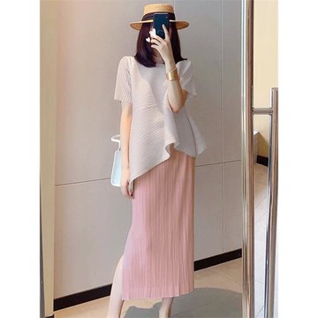 三宅褶皺不規則上衣女裝夏季新款法式設計感小眾純色寬松短袖襯衫