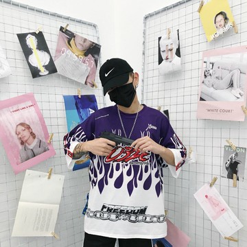 FINDSENSE Z1 日系 時尚 潮 男女情侶 休閒 寬鬆 五分袖 火焰圖案印花 短袖T恤 特色短T 圖案T