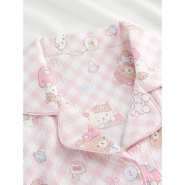 格子輕松熊純棉睡衣女款夏季短袖薄款ins卡通學生棉紗家居服套裝