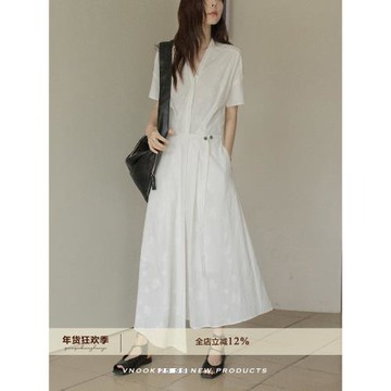 (免運)VNOOK 天絲純色修身連衣裙春夏新款亞麻棉提花收腰顯瘦氣質長裙子