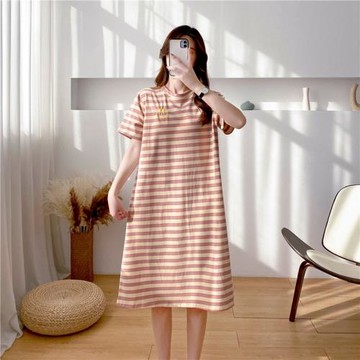 條紋t恤連衣裙女夏2024年新款寬松大碼純棉短袖長款上衣過臀t恤裙