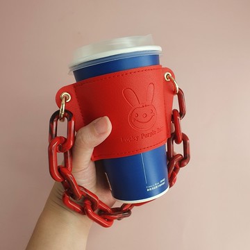 【幸運紫娃】時尚飲料提袋杯套－胭脂紅 (皮革款) 聖誕禮物