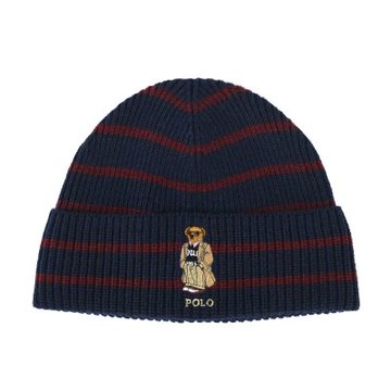 RALPH LAUREN POLO 小熊刺繡LOGO紅色橫紋羊毛混紡針織毛帽-海軍藍色