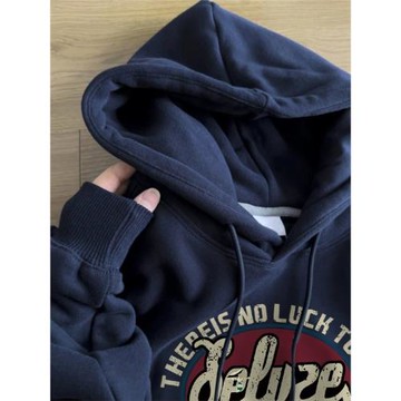 藏青色重磅連帽衛衣男女美式復古印花寬松Oversize上衣情侶外套潮