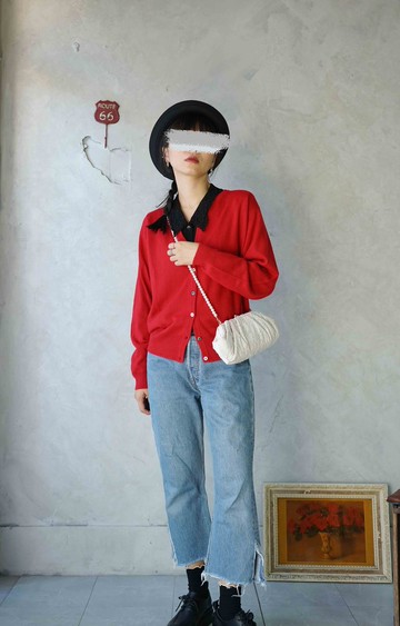 尋寶古著-簡約紅色親膚薄針織外套