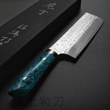佐治武士 菜切刀 切片刀 菜刀 SRS13 粉末鋼 槌目大馬士革紋 人造藍土耳其石刀柄 165mm SA606【極上和刀】【日本高品質菜刀】【領券滿額再折千8/31止】