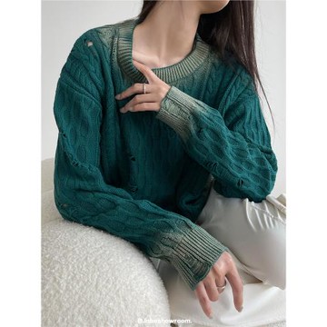 Inbeshowroom高級感漸變做舊針織毛衣小眾破洞短款圓領套頭上衣