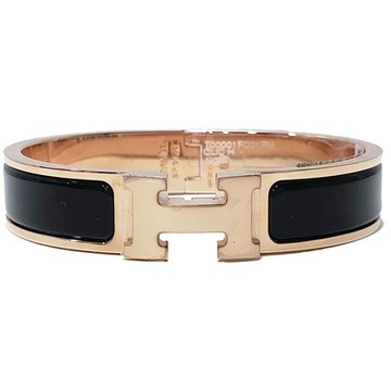 【Hermes 愛馬仕】 H700001FO01 經典Clic H LOGO琺瑯玫瑰金窄版手環(黑色)