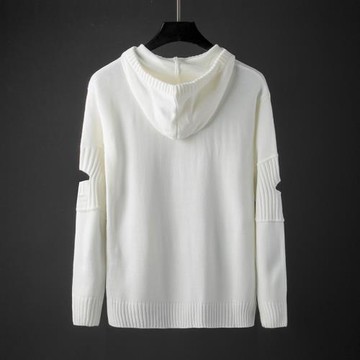 2025春秋白色連帽毛衣男韓版寬松衣袖破洞潮牌針織衫帶帽線衣外套