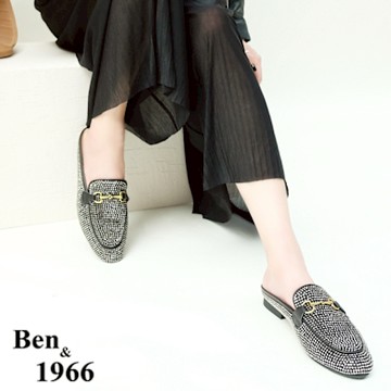 Ben&1966經典高級燙鑽布流行穆勒鞋-黑(228081)