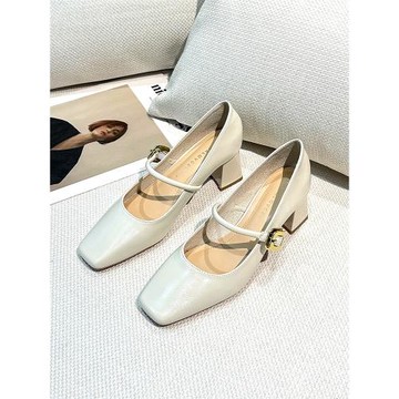 粗跟白色高跟鞋女春2025新款復古方頭淺口一字扣帶瑪麗珍真皮單鞋