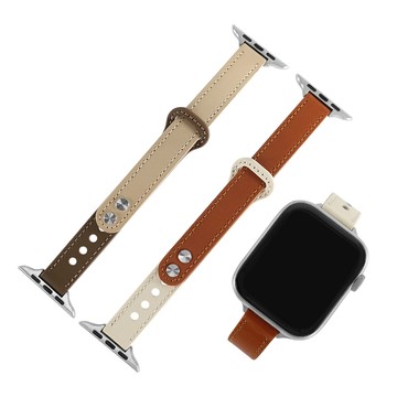 Apple Watch 全系列通用錶帶 蘋果手錶替用錶帶 雙釘扣 雙色真皮錶帶 褐x杏色/米白x棕色