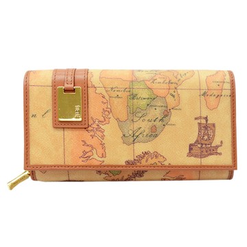 Alviero Martini 義大利地圖包 扣式10卡拉鍊零錢長夾-地圖黃