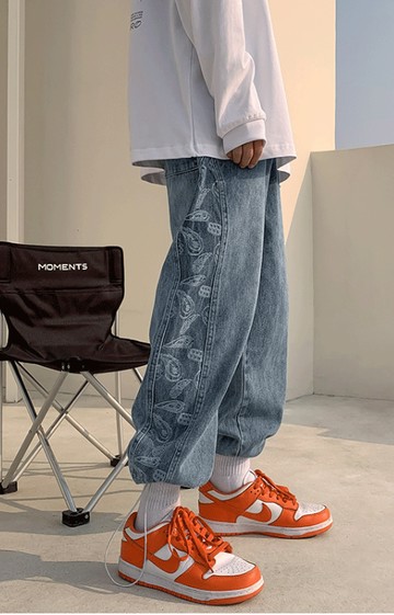 FINDSENSE X 男士 束腳寬松牛仔褲 腰花抽繩九分褲直筒寬松休閑長褲