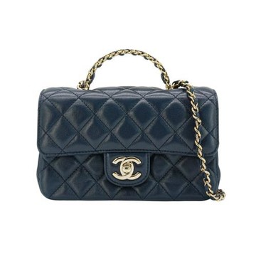 二手品 Chanel handle 菱格羊皮水鑽手把淡金鍊口蓋包-18cm(AS4140-深藍)