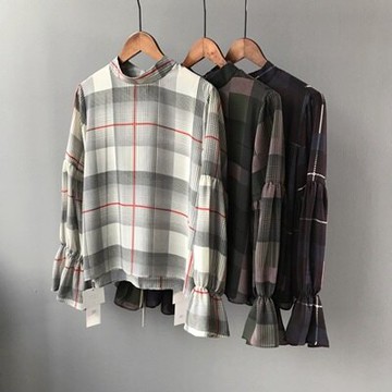 長袖T恤雪紡上衣-經典格紋小立領燈籠袖女上衣3色73rg17【獨家進口】【米蘭精品】