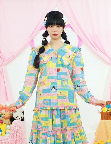 原創印花不對稱娃娃領長袖襯衫冬裝