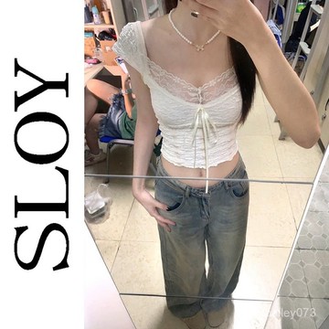 ♡ 𝑪𝒉𝒊𝒄 𝒖 ♡SLOY多巴胺蕾絲係帶蝴蝶結短袖T恤女夏季修身甜美減齡ins短款上衣