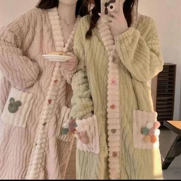 睡衣 睡袍 家居服 舒適睡衣 居家服 可外穿 珊瑚絨 保暖 睡袍女珊瑚絨加絨加厚睡裙浴袍秋冬季長款浴衣外套法蘭絨睡衣